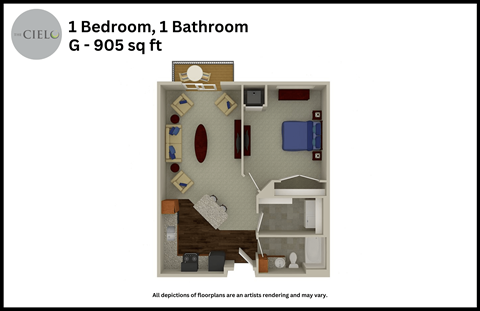 a floor plan of a 1 bedroom 1 bathroom g g0905 sq ft